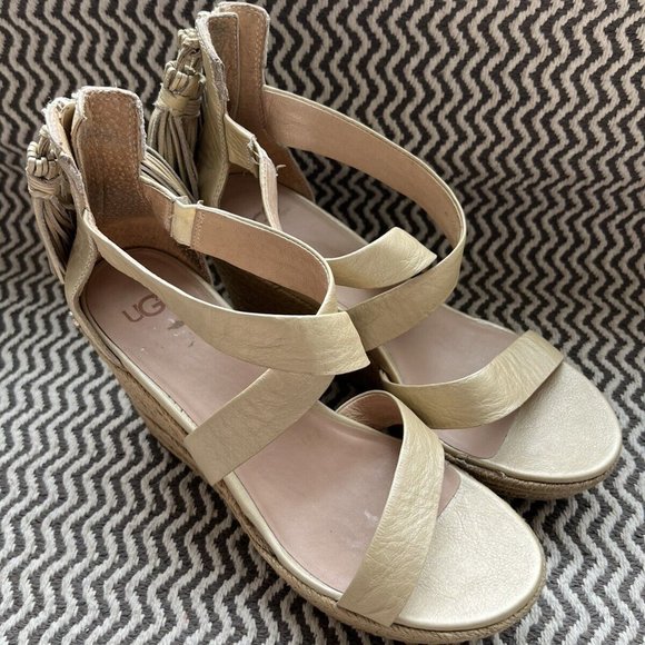 UGG Australia Raquel Women's Tan Peep Toe Platform Wedge Heel Sandal Size 9 - Picture 5 of 6